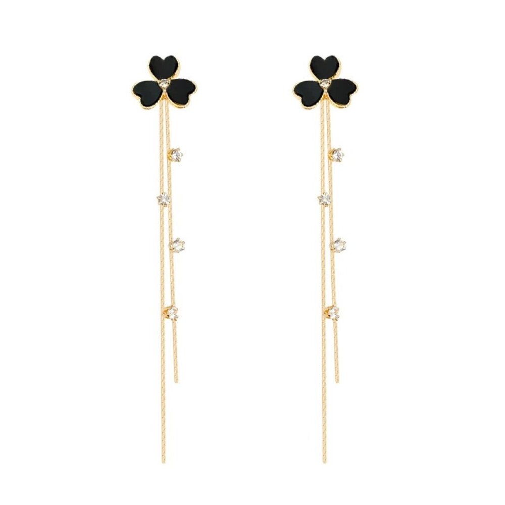 🌷New🌷Gold Tone Black Triple Heart Shape With Linear Long Chain Dangle Earrings